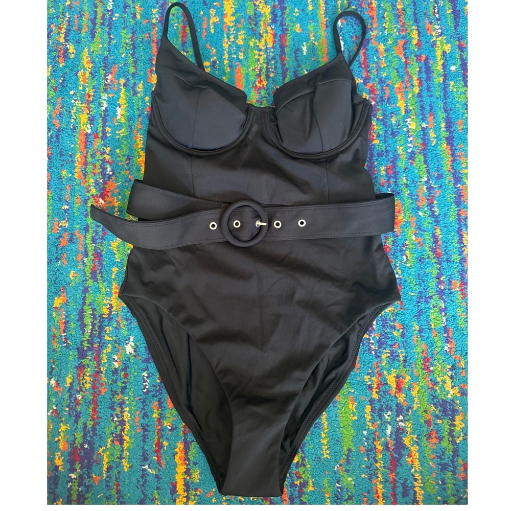 NWT Jonathan Simkhai One Piece Swimsuit Black Belted Underwire Women Size M